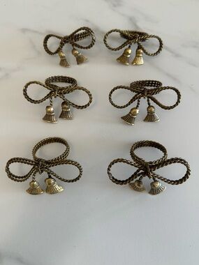 Vintage Kent & Beatles Brass Twisted Bow Napkin Rings w/ Tassels - Set of 6